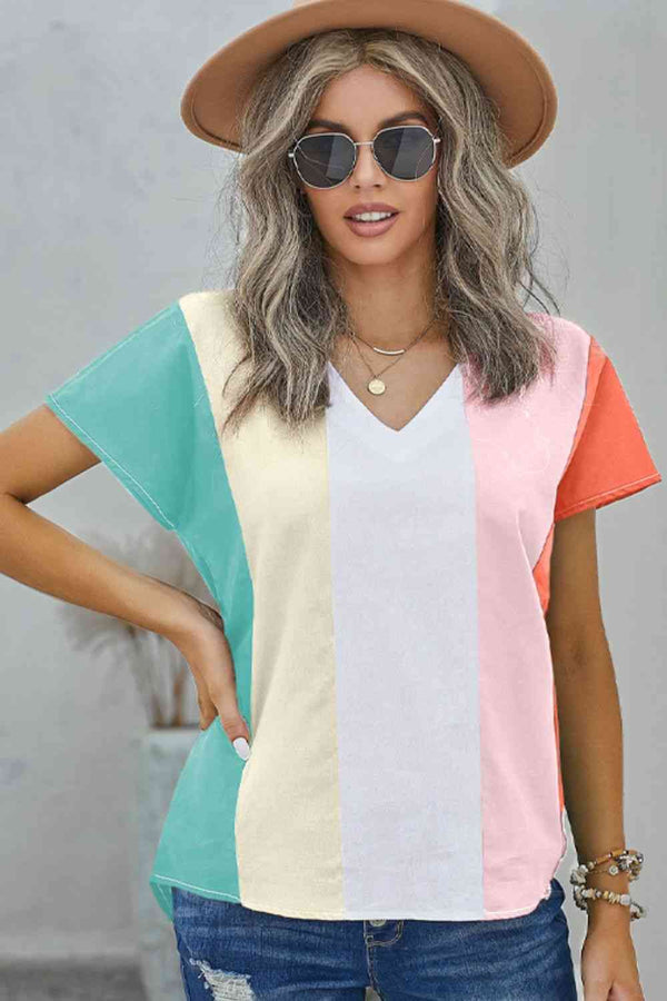 Color Block V-Neck Short Sleeve Top | 1mrk.com