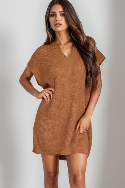 Notched Cap Sleeve Mini Sweater Dress |1mrk.com