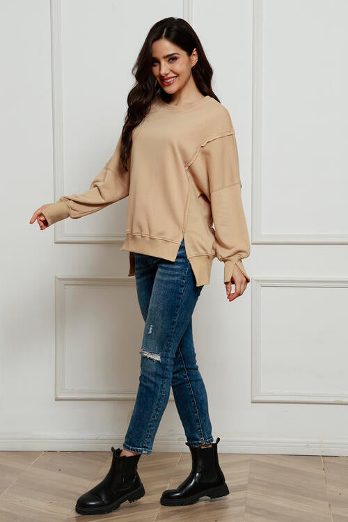 Exposed Seam Long Sleeve Slit Sweatshirt |1mrk.com