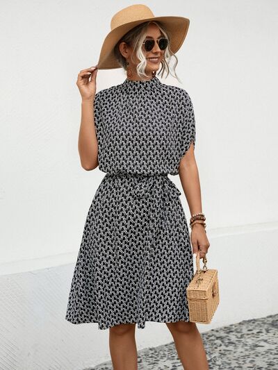 Tied Printed Mock Neck Short Sleeve Dress |1mrk.com