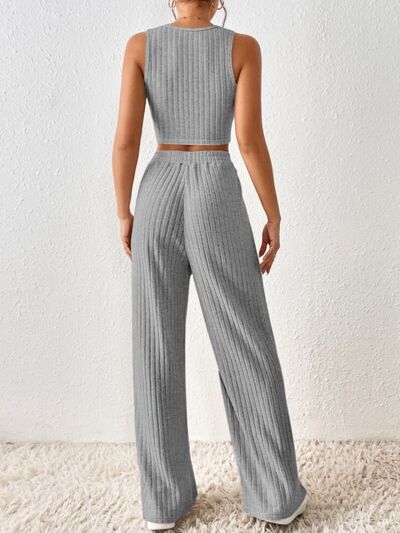 Ribbed Round Neck Tank and Pants Sweater Set |1mrk.com