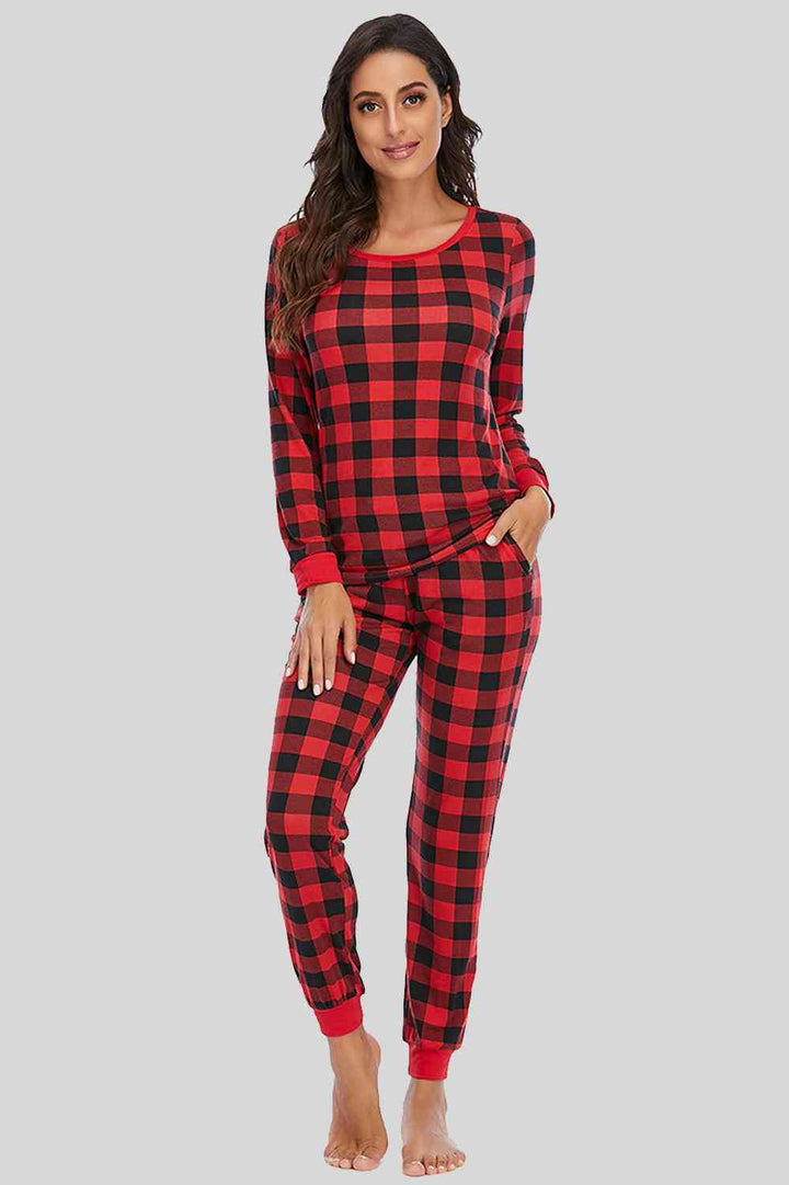 Plaid Round Neck Top and Pants Set | 1mrk.com