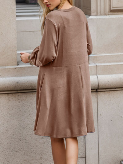 Half Button V-Neck Long Sleeve Dress with Pockets |1mrk.com