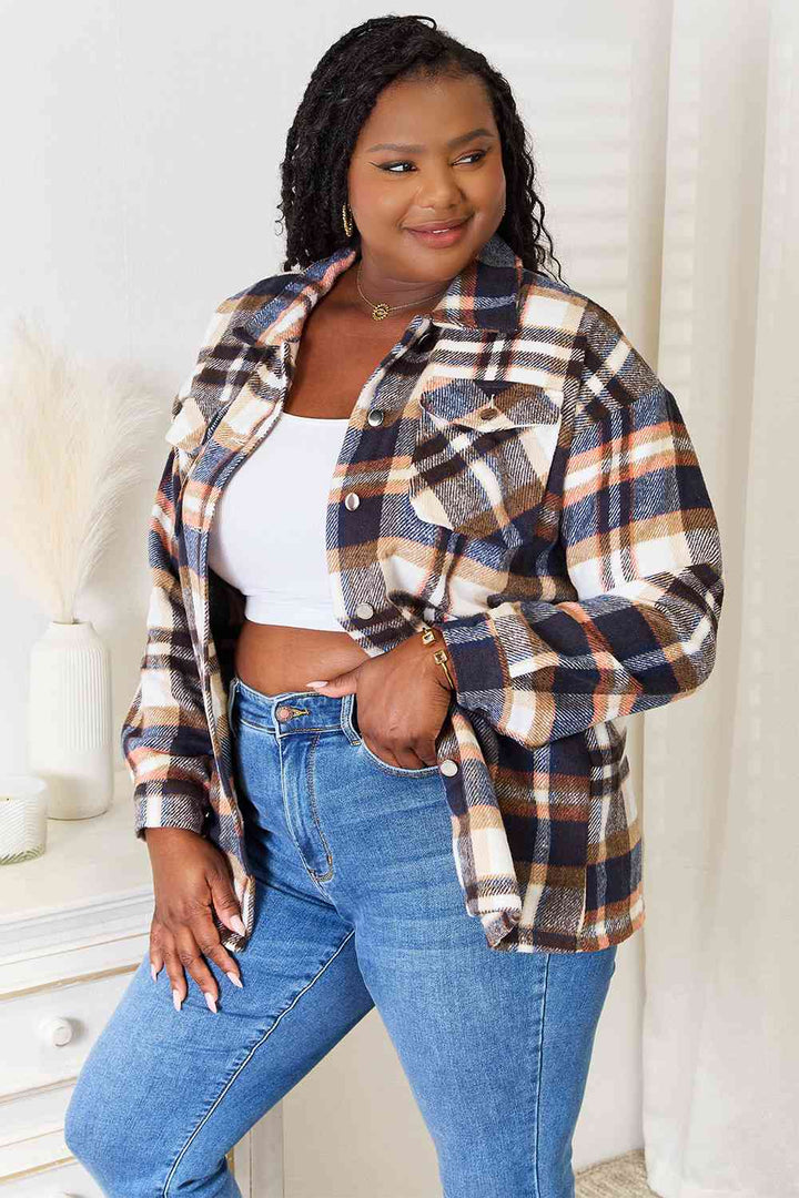 Double Take Plaid Button Front Shirt Jacket with Breast Pockets |1mrk.com