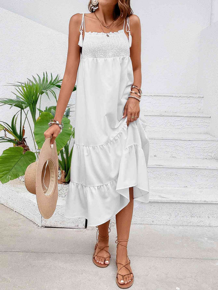 Tie-Shoulder Smocked Tiered Midi Dress |1mrk.com