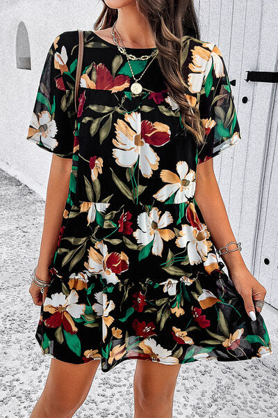 Printed Tiered Round Neck Mini Dress |1mrk.com