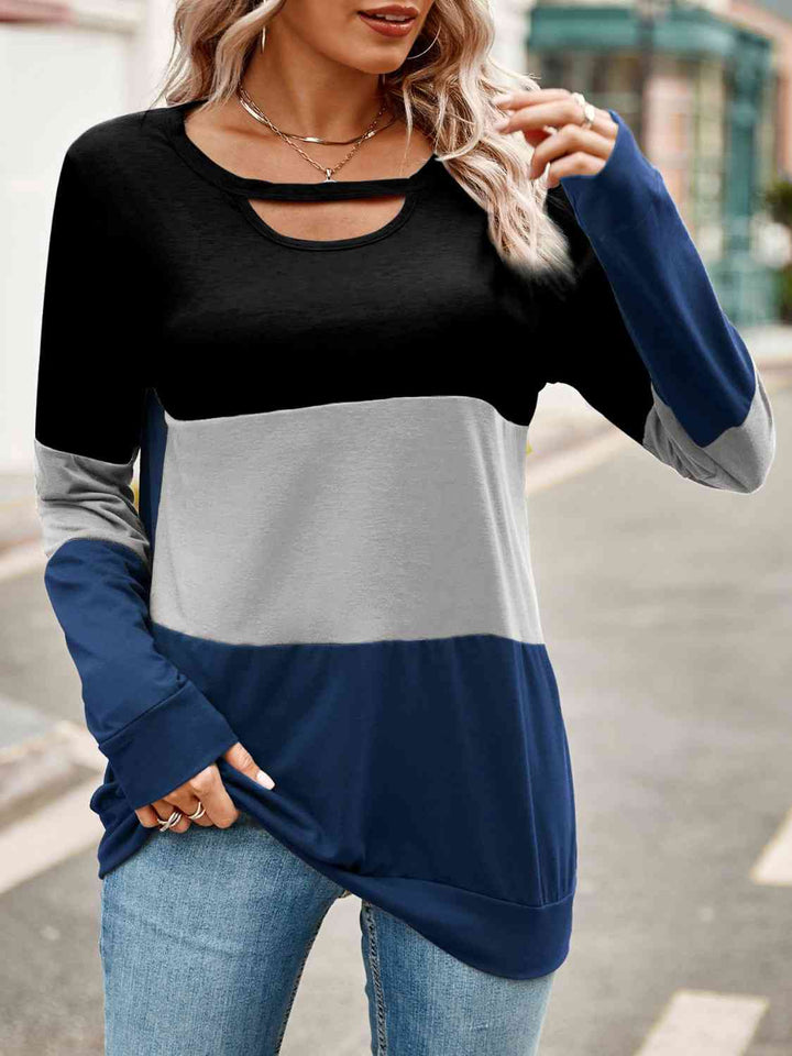 Color Block Cutout Round Neck Long Sleeve T-Shirt | 1mrk.com