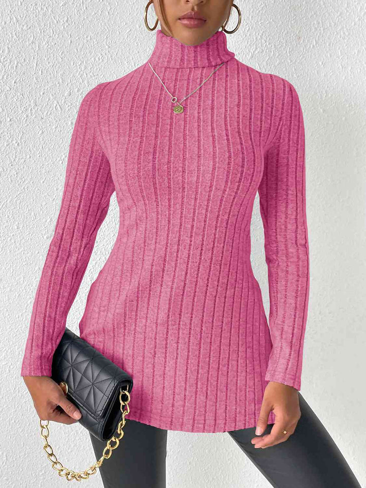 Ribbed Turtleneck Long Sleeve Slit T-Shirt | 1mrk.com