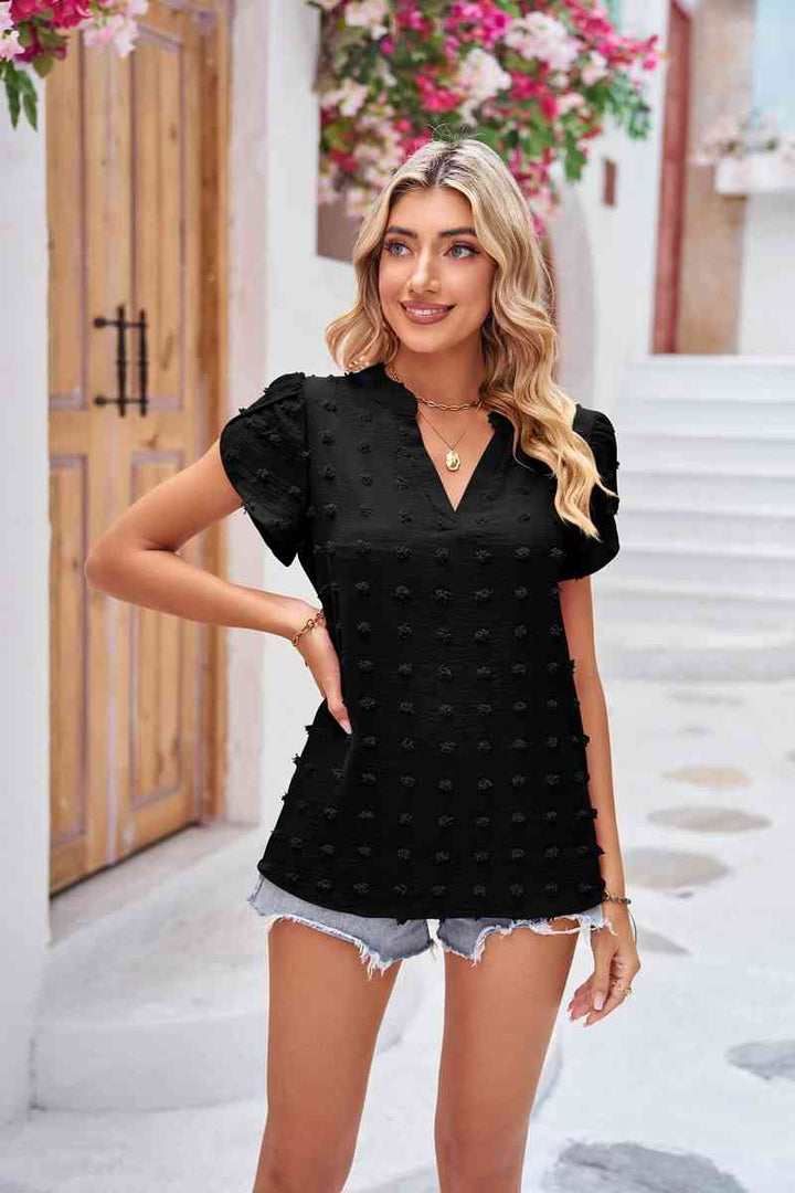 Swiss Dot Petal Sleeve Notched Top | 1mrk.com