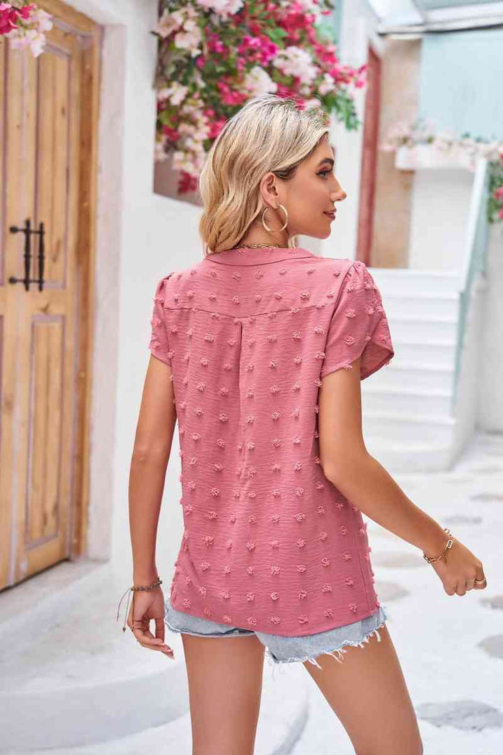 Swiss Dot Petal Sleeve Notched Top | 1mrk.com