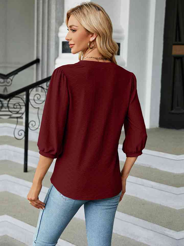 Notched Neck Three-Quarter Sleeve Blouse | 1mrk.com