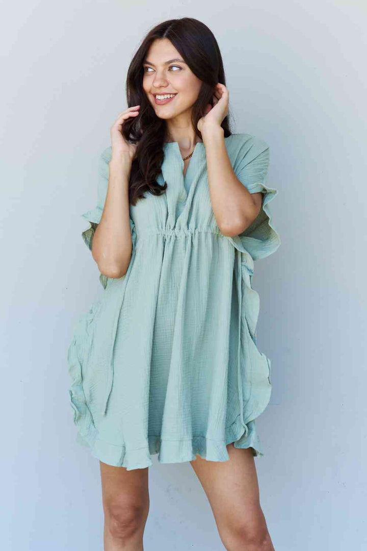 Ninexis Out Of Time Full Size Ruffle Hem Dress with Drawstring Waistband in Light Sage | 1mrk.com