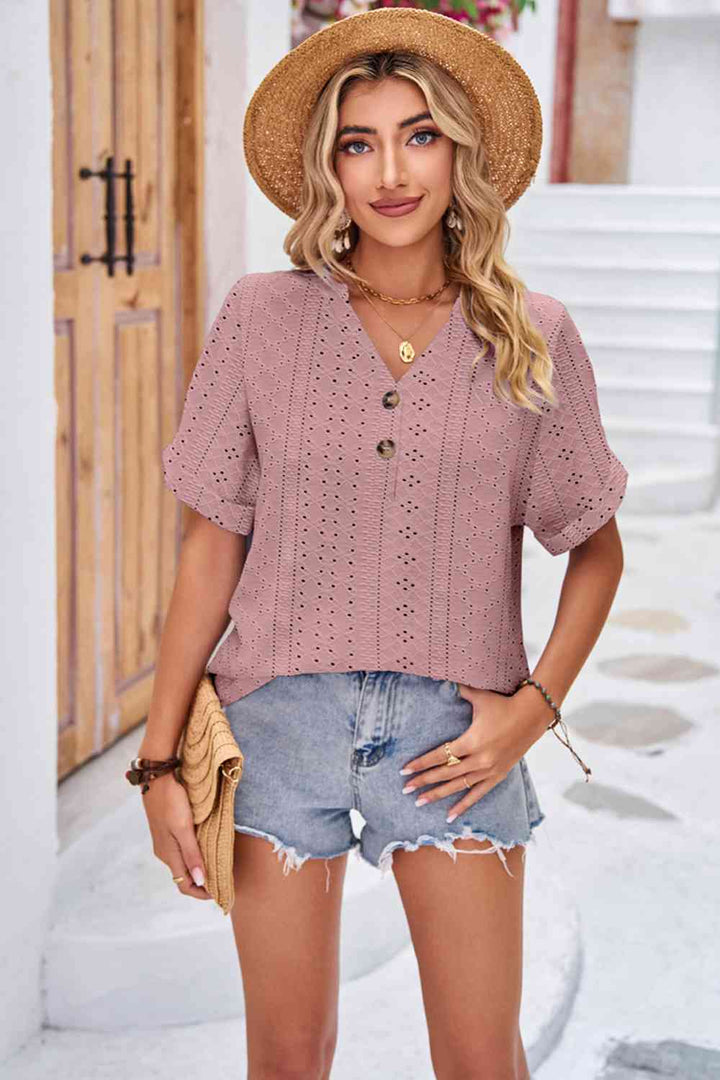 Buttoned Notched Neck Eyelet Top | 1mrk.com