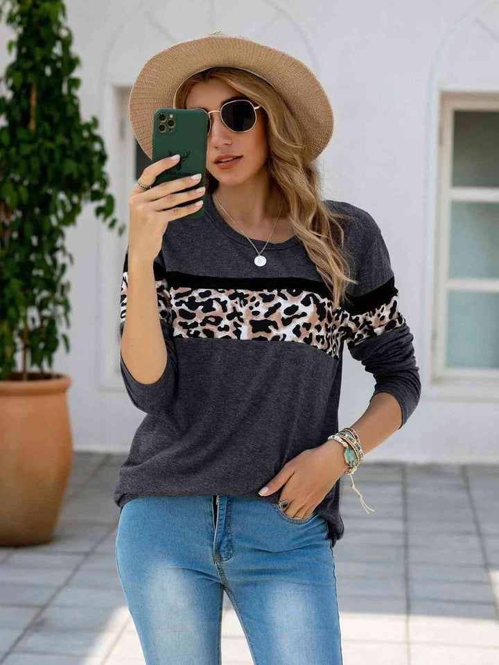 Leopard Round Neck Long Sleeve T-Shirt | 1mrk.com