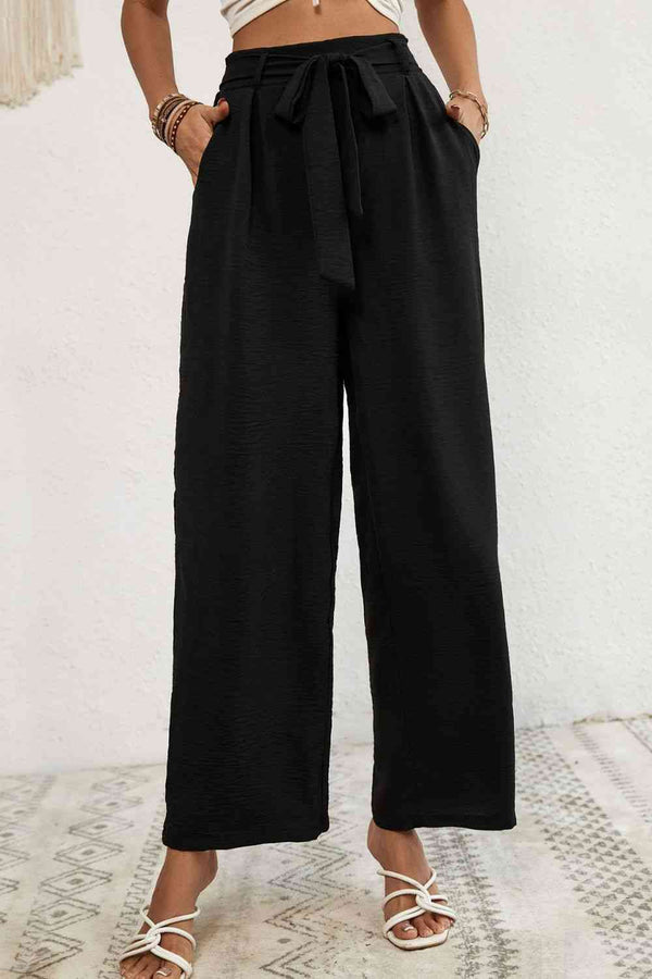 Belted Pleated Waist Wide Leg Pants | 1mrk.com