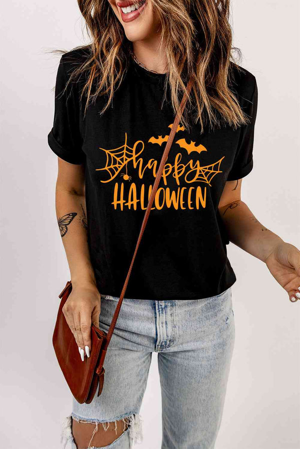 Round Neck Short Sleeve HAPPY HALLOWEEN Graphic T-Shirt | 1mrk.com