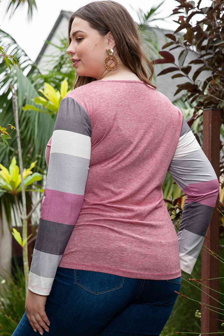 Plus Size Round Neck Color Block Long Sleeve T-Shirt | 1mrk.com