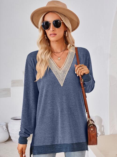 Crochet Contrast V-Neck Long Sleeve Slit T-Shirt | 1mrk.com