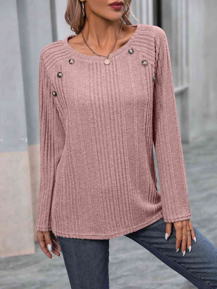 Ribbed Buttoned Round Neck Long Sleeve T-Shirt | 1mrk.com