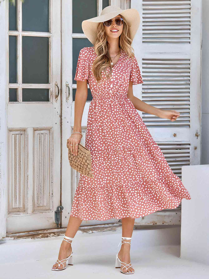 Printed Flutter Sleeve Tiered Dress |1mrk.com