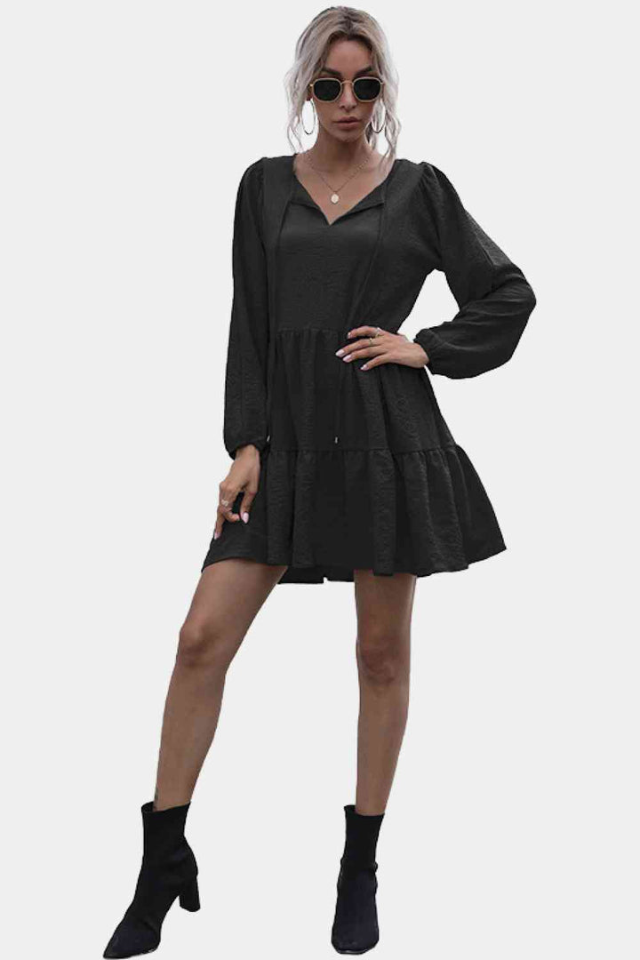 Tie Neck Ruffle Hem Dress |1mrk.com