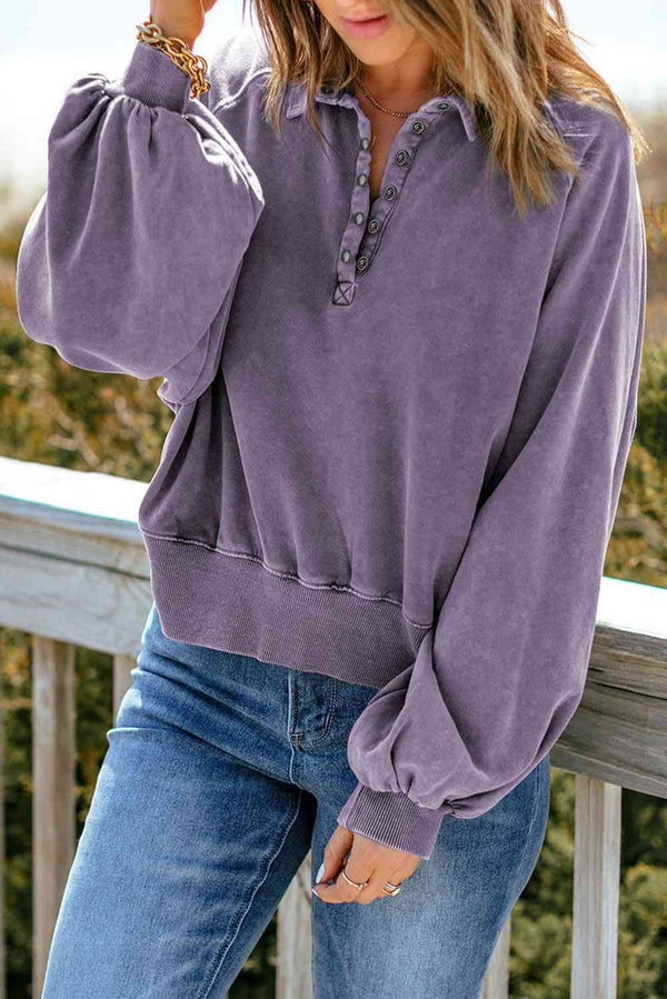 Quarter-Snap Collared Lantern Sleeve Sweatshirt |1mrk.com