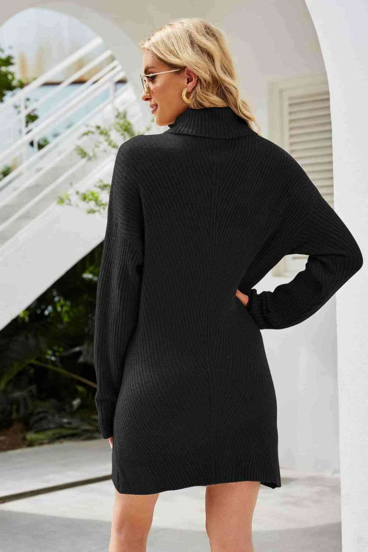 Double Take Rib-Knit Turtleneck Drop Shoulder Sweater Dress |1mrk.com