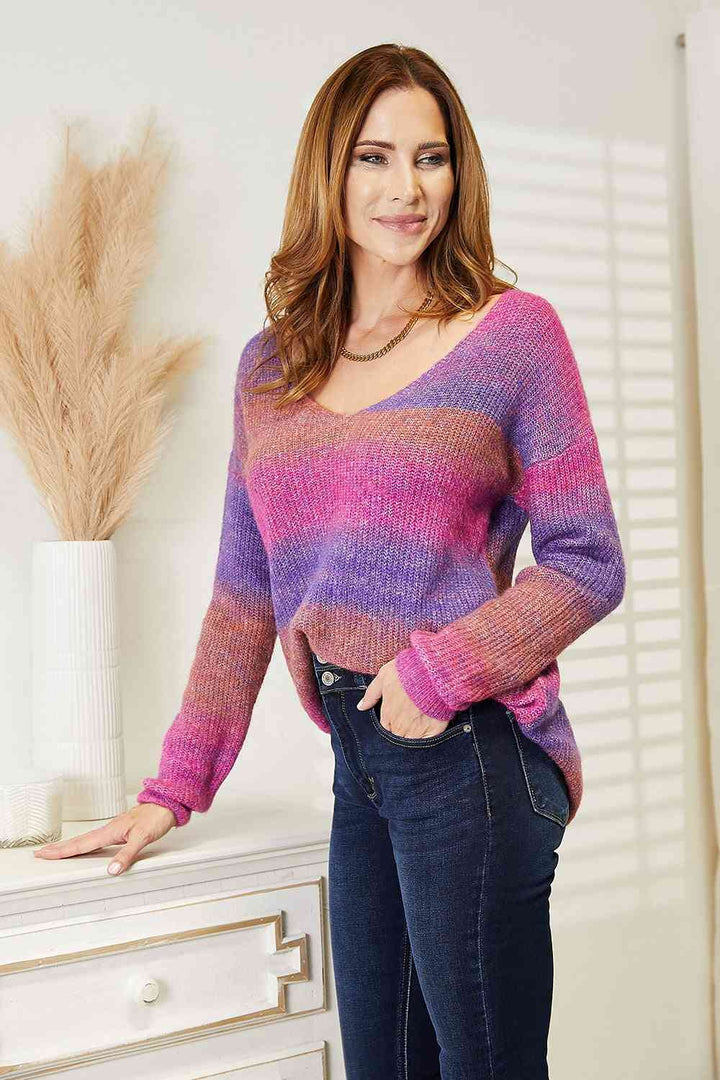 Double Take Multicolored Rib-Knit V-Neck Knit Pullover | Trendsi