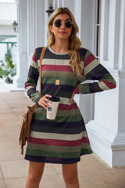 Striped Round Neck Long Sleeve Dress |1mrk.com