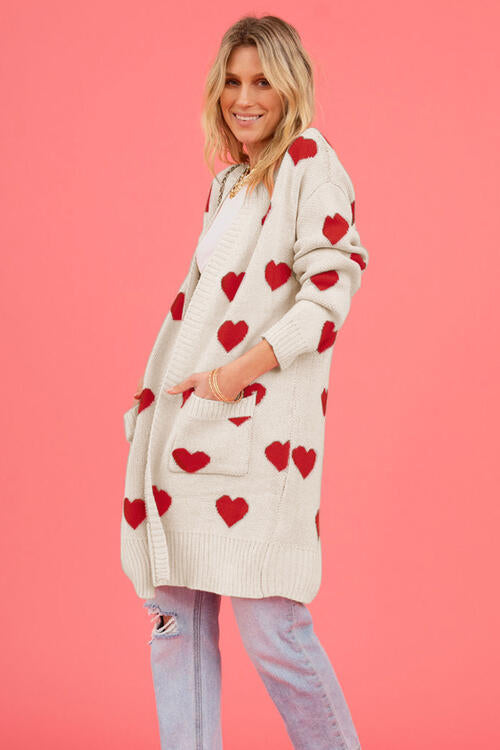 Heart Graphic Open Front Cardigan with Pockets |1mrk.com