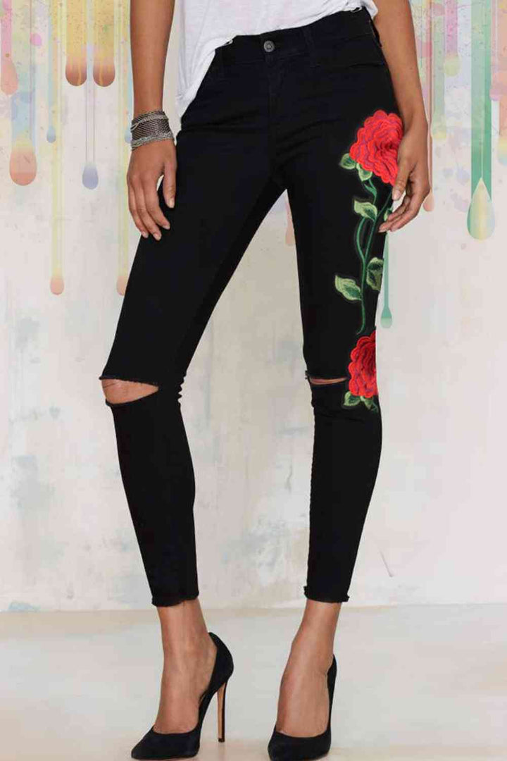 Full Size Rose Embroidery Cutout Jeans | 1mrk.com