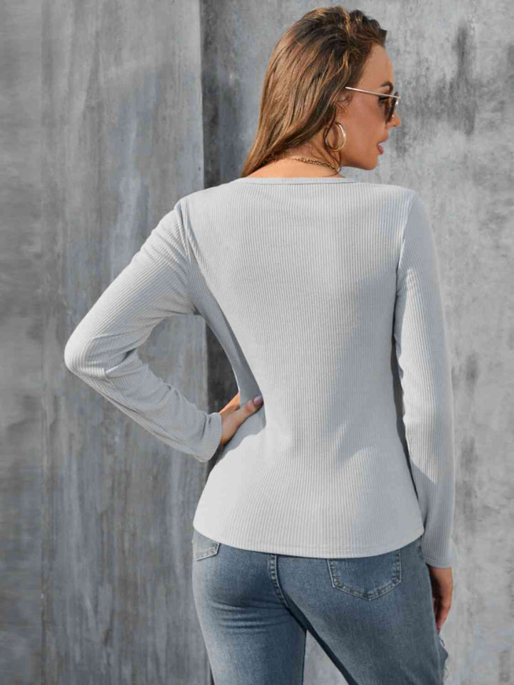 Buttoned Round Neck Long Sleeve T-Shirt | 1mrk.com