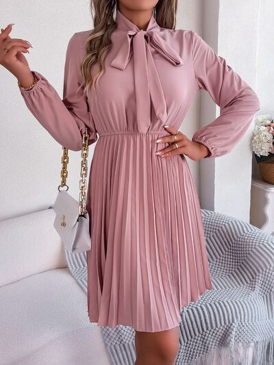 Tie Neck Balloon Sleeve Pleated Dress |1mrk.com