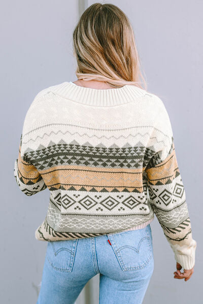 Geometric V-Neck Dropped Shoulder Sweater | Trendsi