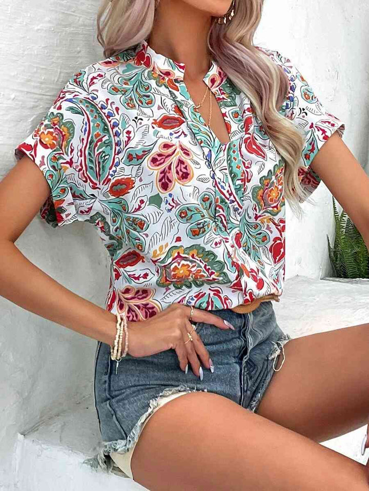 Printed Notched Neck Short Sleeve Blouse | 1mrk.com