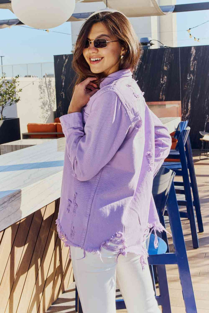 American Bazi Full Size Distressed Button Down Denim Jacket in Lavender | 1mrk.com