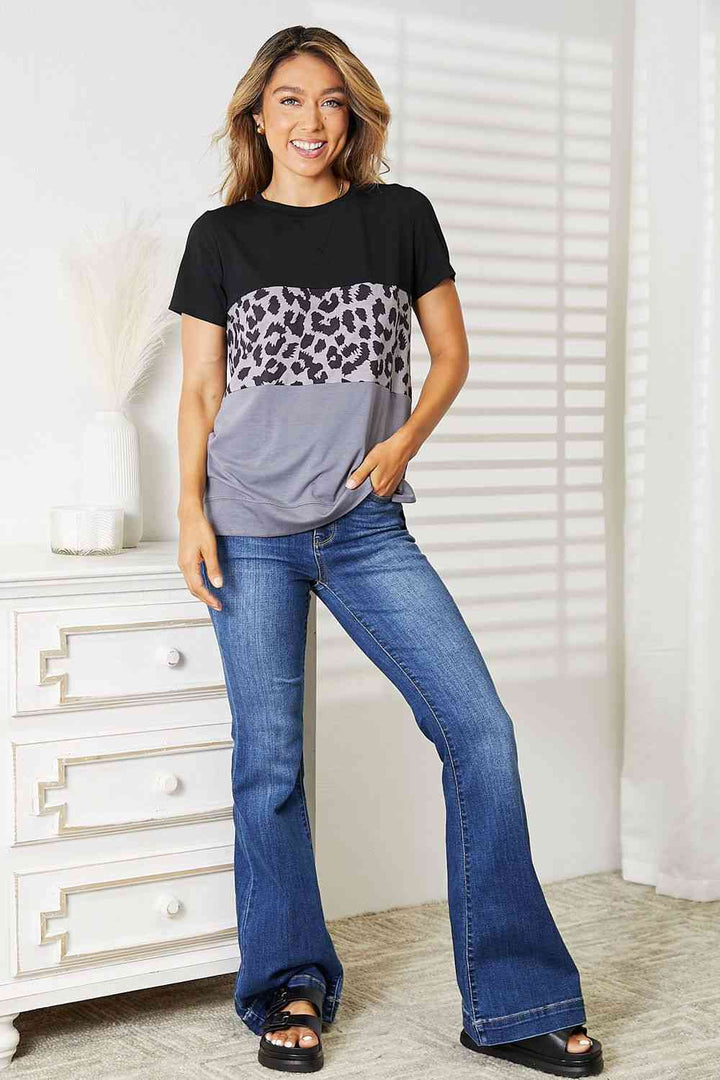 Double Take Leopard Print Color Block Short Sleeve T-Shirt | 1mrk.com