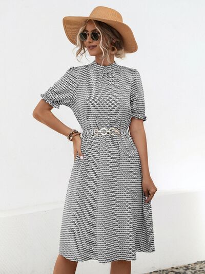 Printed Mock Neck Flounce Sleeve Dress |1mrk.com