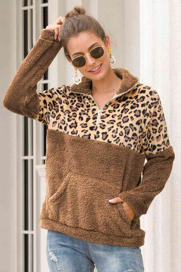 Leopard Zip-Up Turtle Neck Dropped Shoulder Sweatshirt |1mrk.com