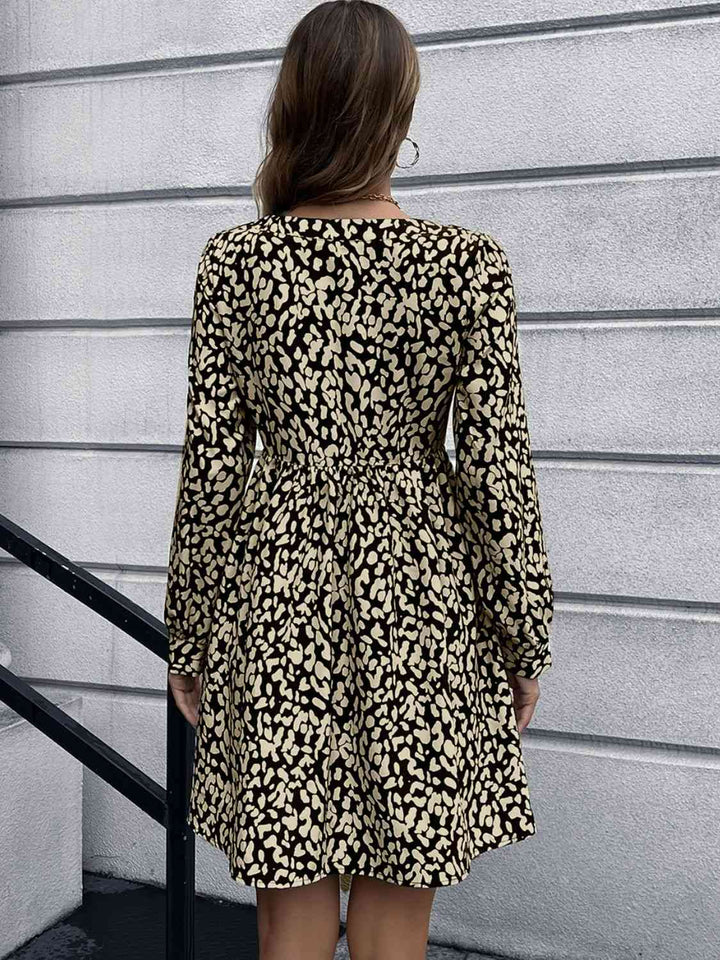 Animal Print Buttoned V-Neck Long Sleeve Dress | 1mrk.com