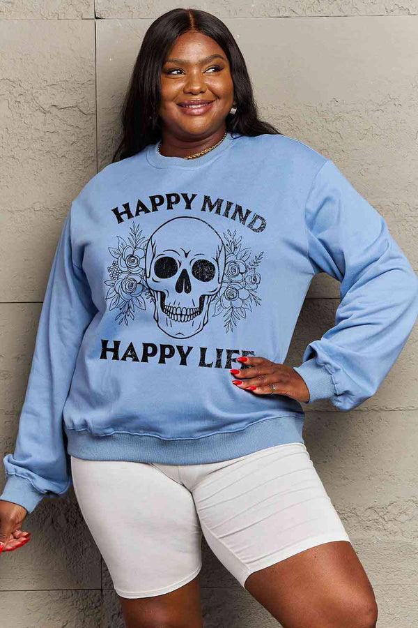 Simply Love Simply Love Full Size HAPPY MIND HAPPY LIFE SKULL Graphic Sweatshirt |1mrk.com