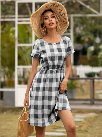 Smocked Plaid Round Neck Short Sleeve Dress | Trendsi