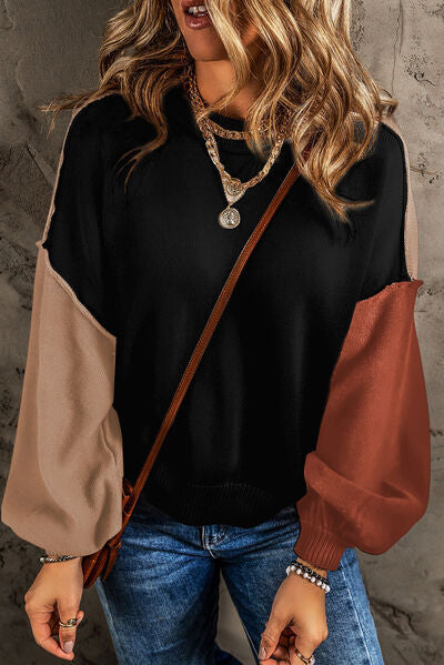 Contrast Round Neck Dropped Shoulder Sweater |1mrk.com