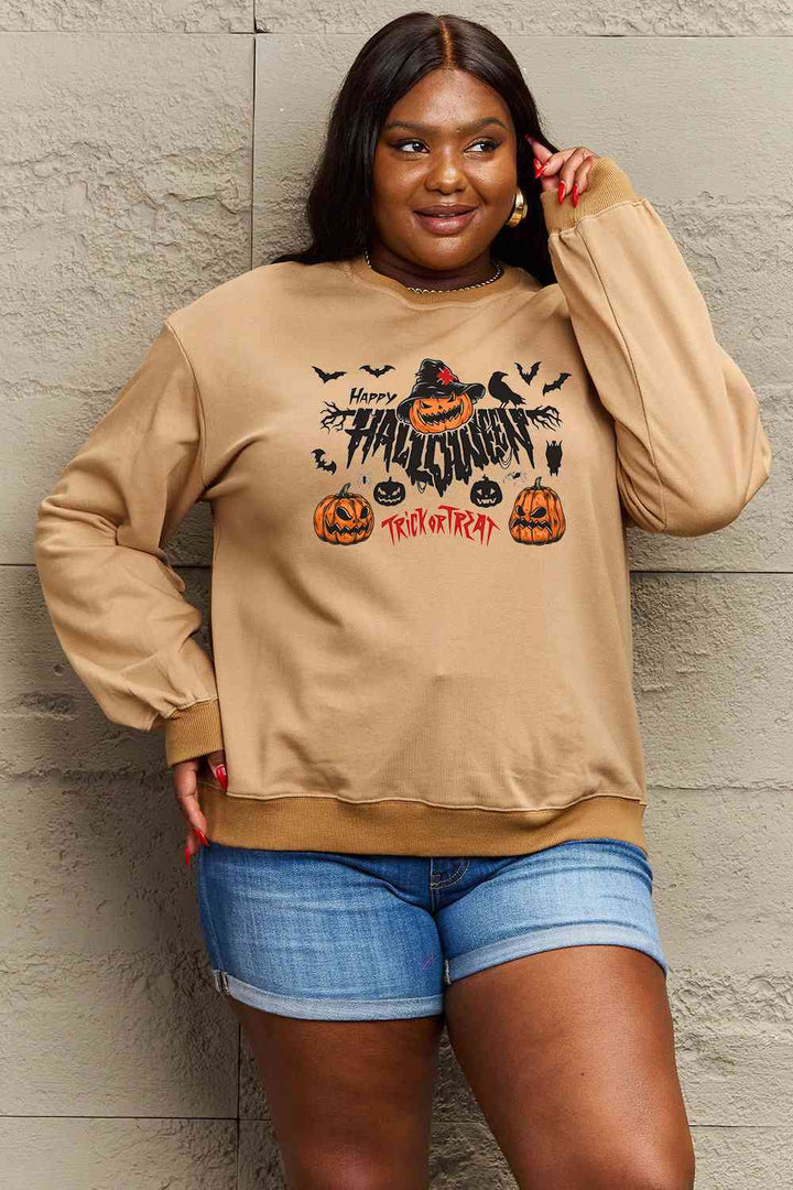 Simply Love Full Size HAPPY HALLOWEEN TRICK OR TREAT Graphic Sweatshirt |1mrk.com