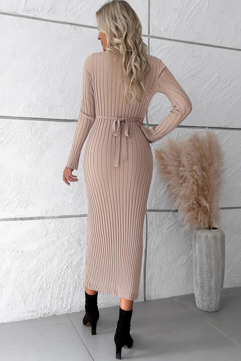 V-Neck Long Sleeve Ribbed Sweater Dress | 1mrk.com