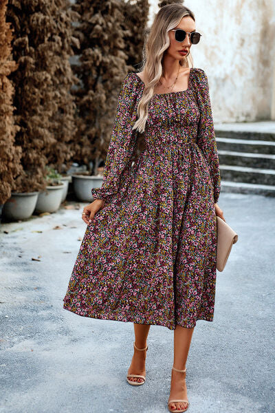 Printed Balloon Sleeve Pocketed Midi Dress |1mrk.com