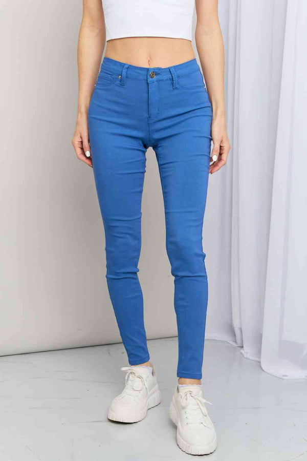 YMI Jeanswear Kate Hyper-Stretch Full Size Mid-Rise Skinny Jeans in Electric Blue | 1mrk.com