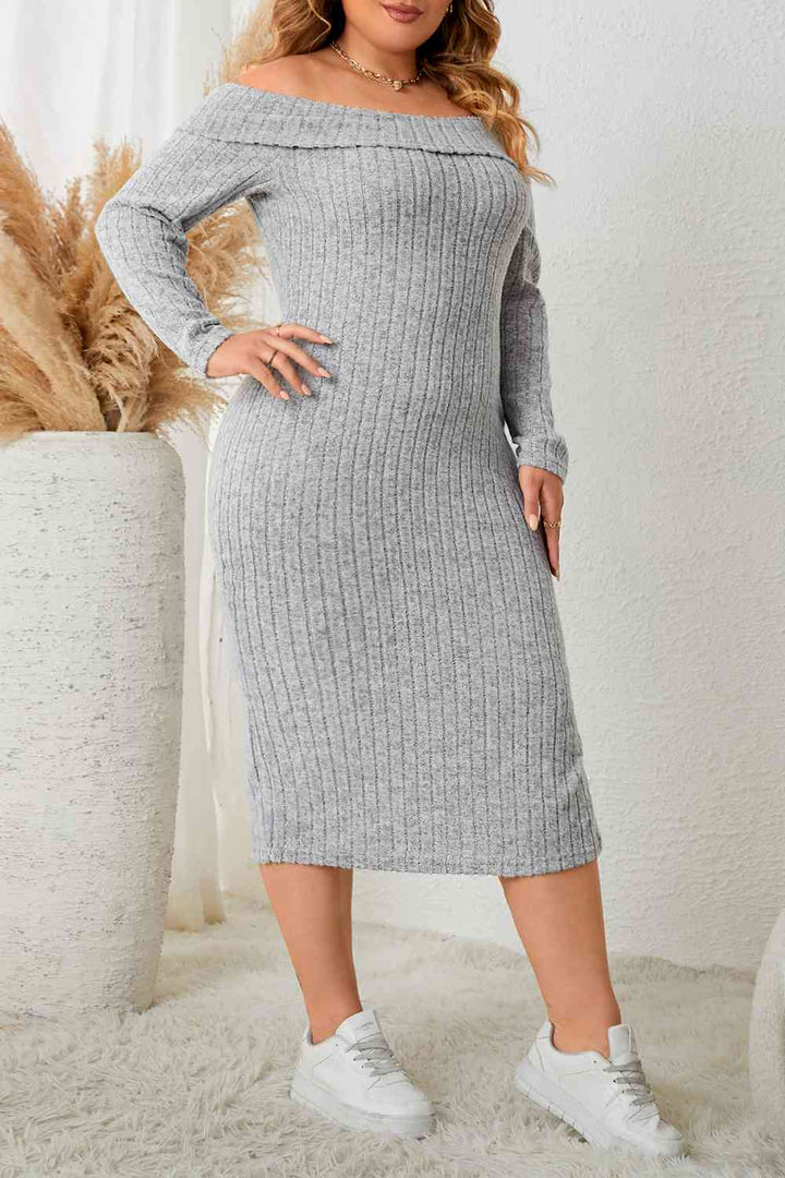 Plus Size Square Neck Long Sleeve Slit Dress |1mrk.com