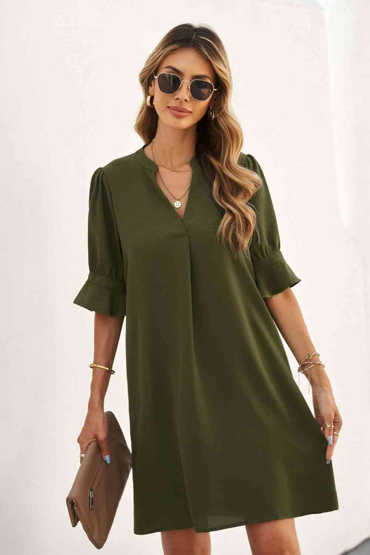 Puff Sleeve Notched Mini Shift Dress |1mrk.com