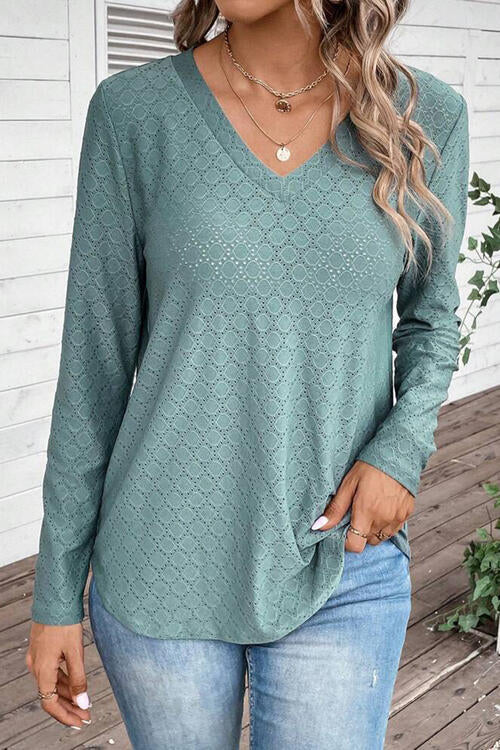 Eyelet V-Neck Long Sleeve T-Shirt | 1mrk.com